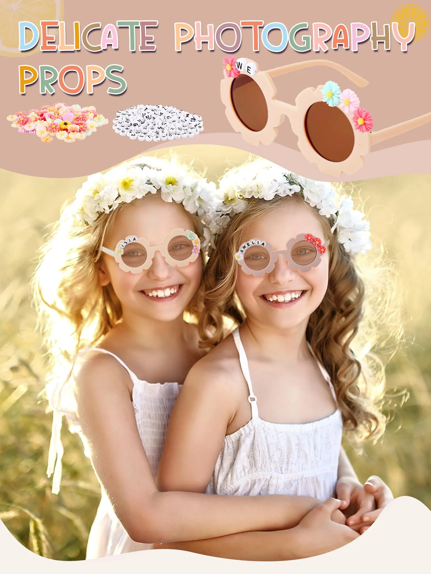 10 Pairs Kids Round Flower Sunglasses Glasses Outdoor Eyewear for Kid with 50 Daisy 100 Random Letter Beads (Elegant Color)