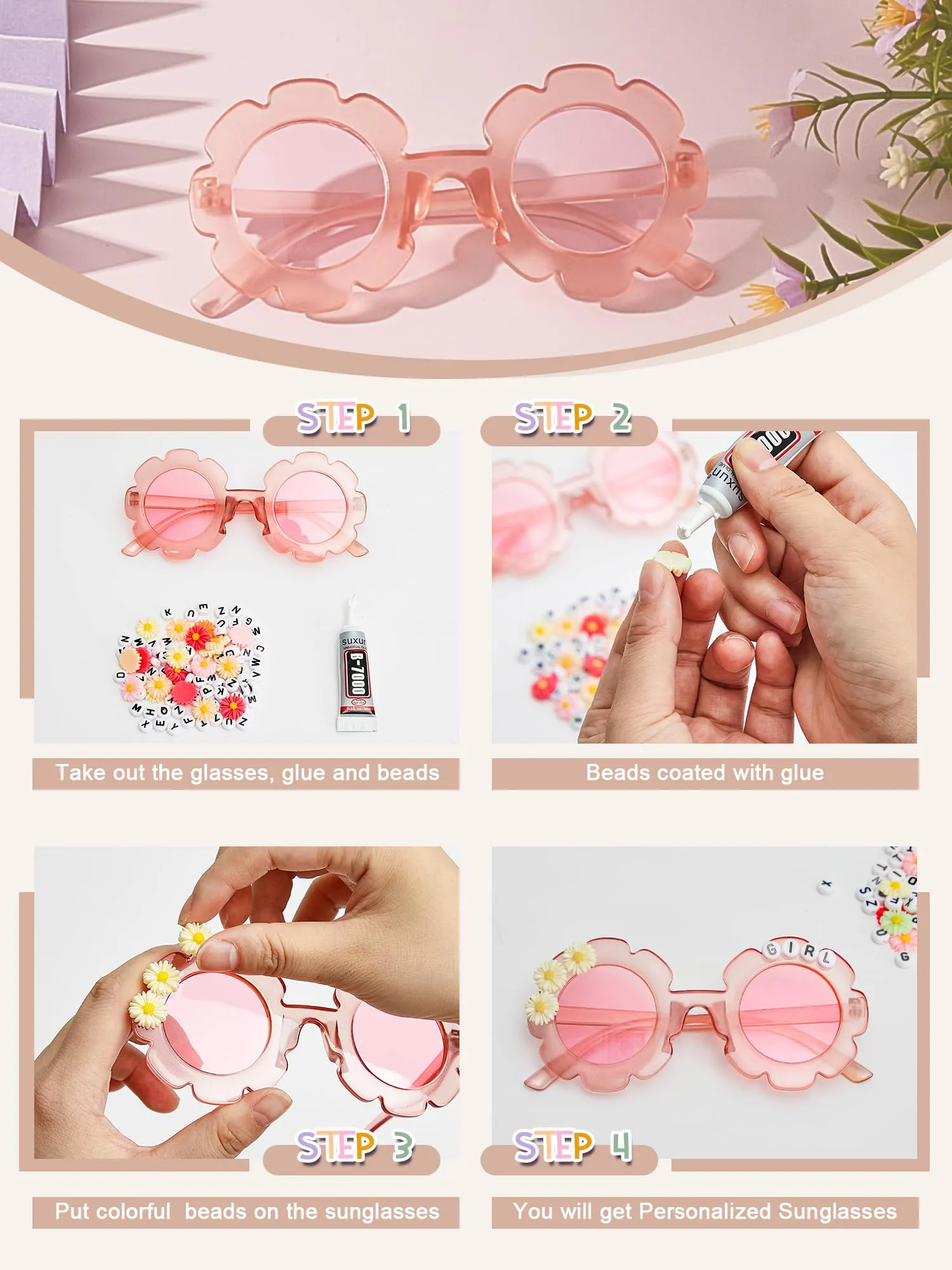 10 Pairs Kids Round Flower Sunglasses Glasses Outdoor Eyewear for Kid with 50 Daisy 100 Random Letter Beads (Elegant Color)