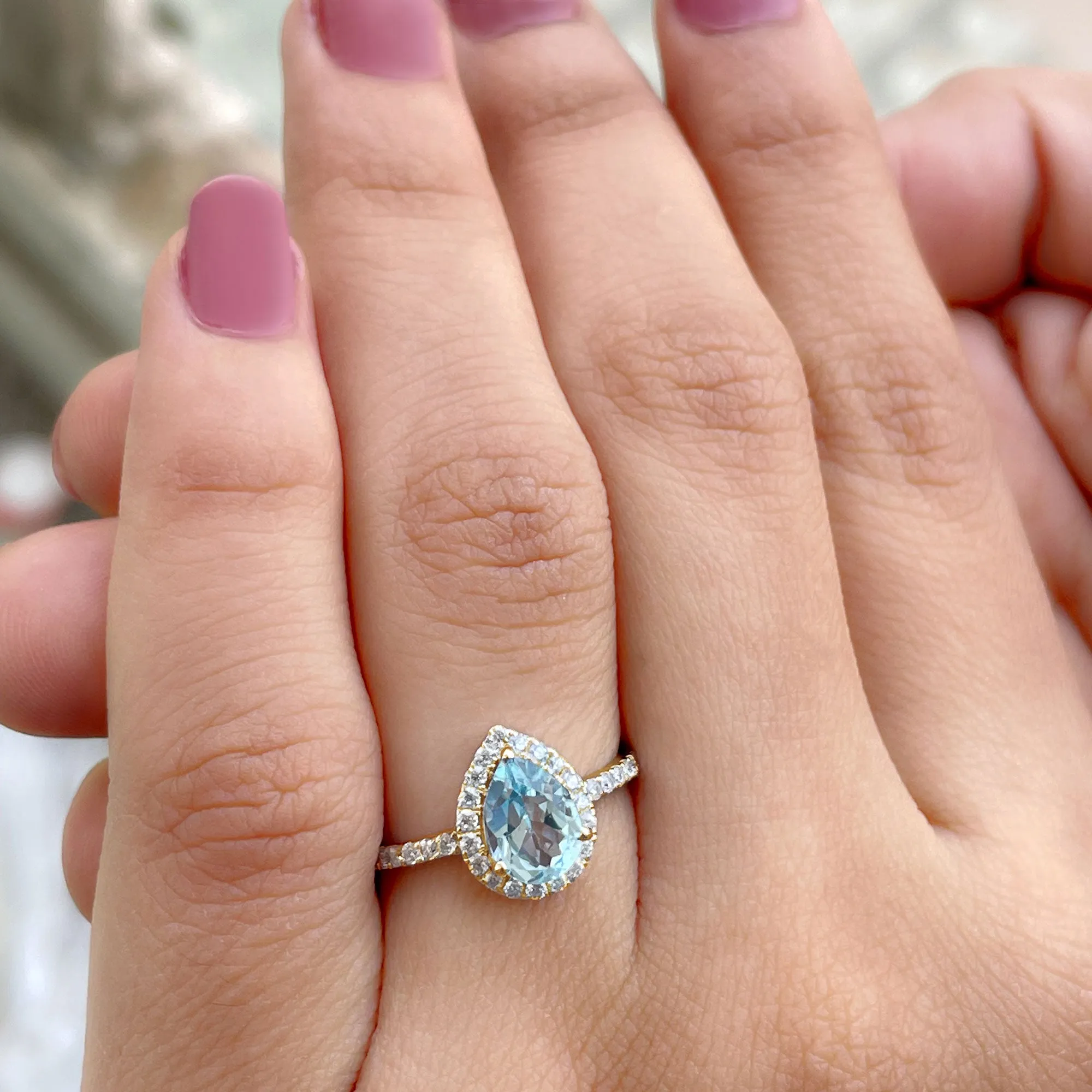 1.5 CT Sky Blue Topaz Teardrop Engagement Ring with Diamond Halo