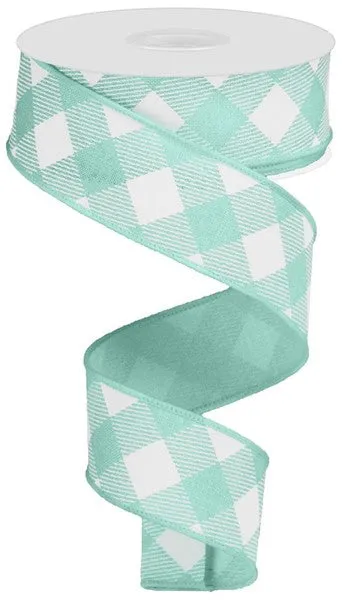 1.5"x10yd Diagonal Check On Royal Burlap, Mint Green/White  F9