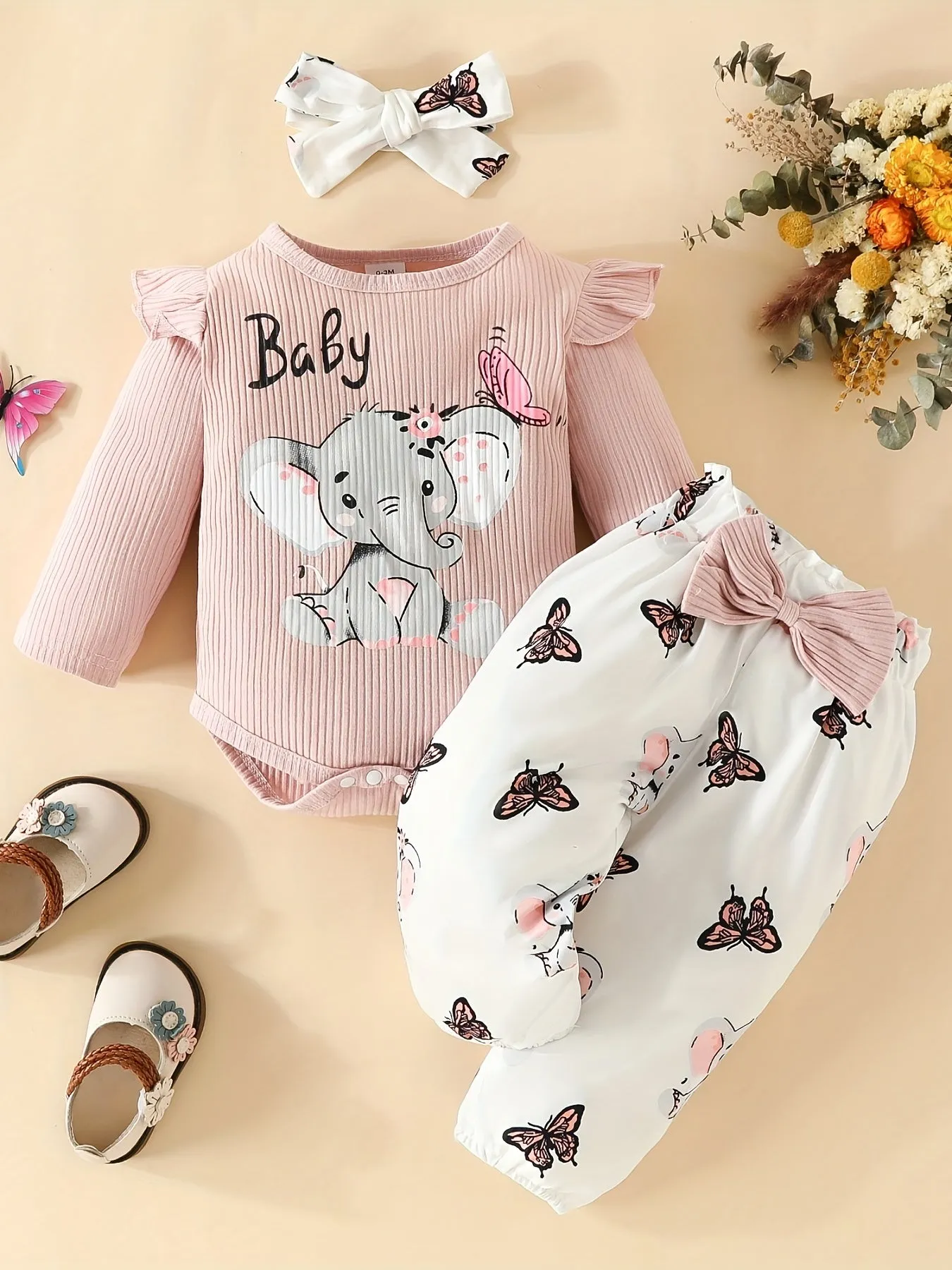 3pc Elephant Butterfly Romper Set for Baby Girls