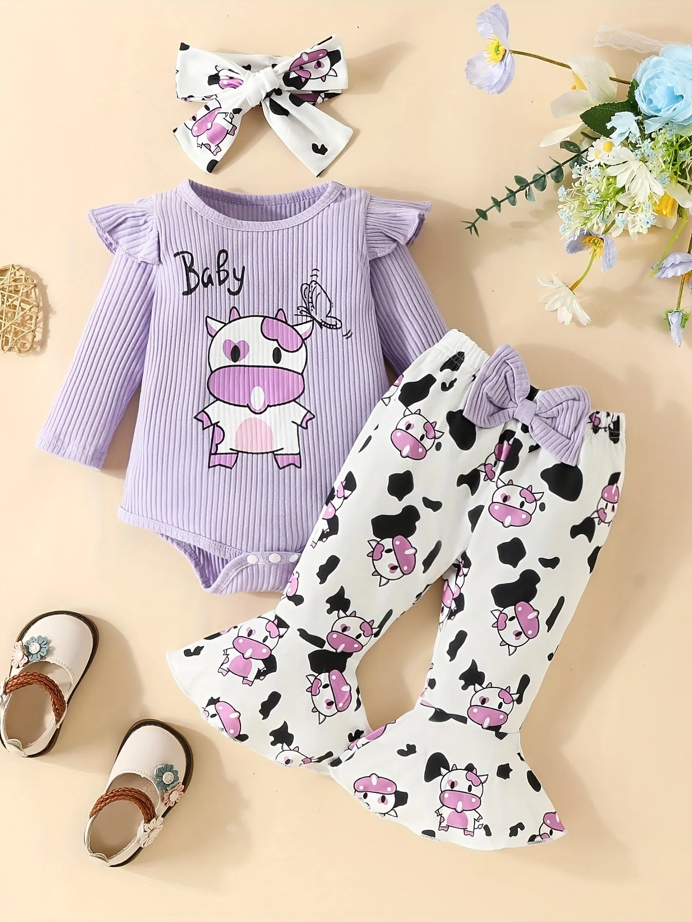 3pc Elephant Butterfly Romper Set for Baby Girls