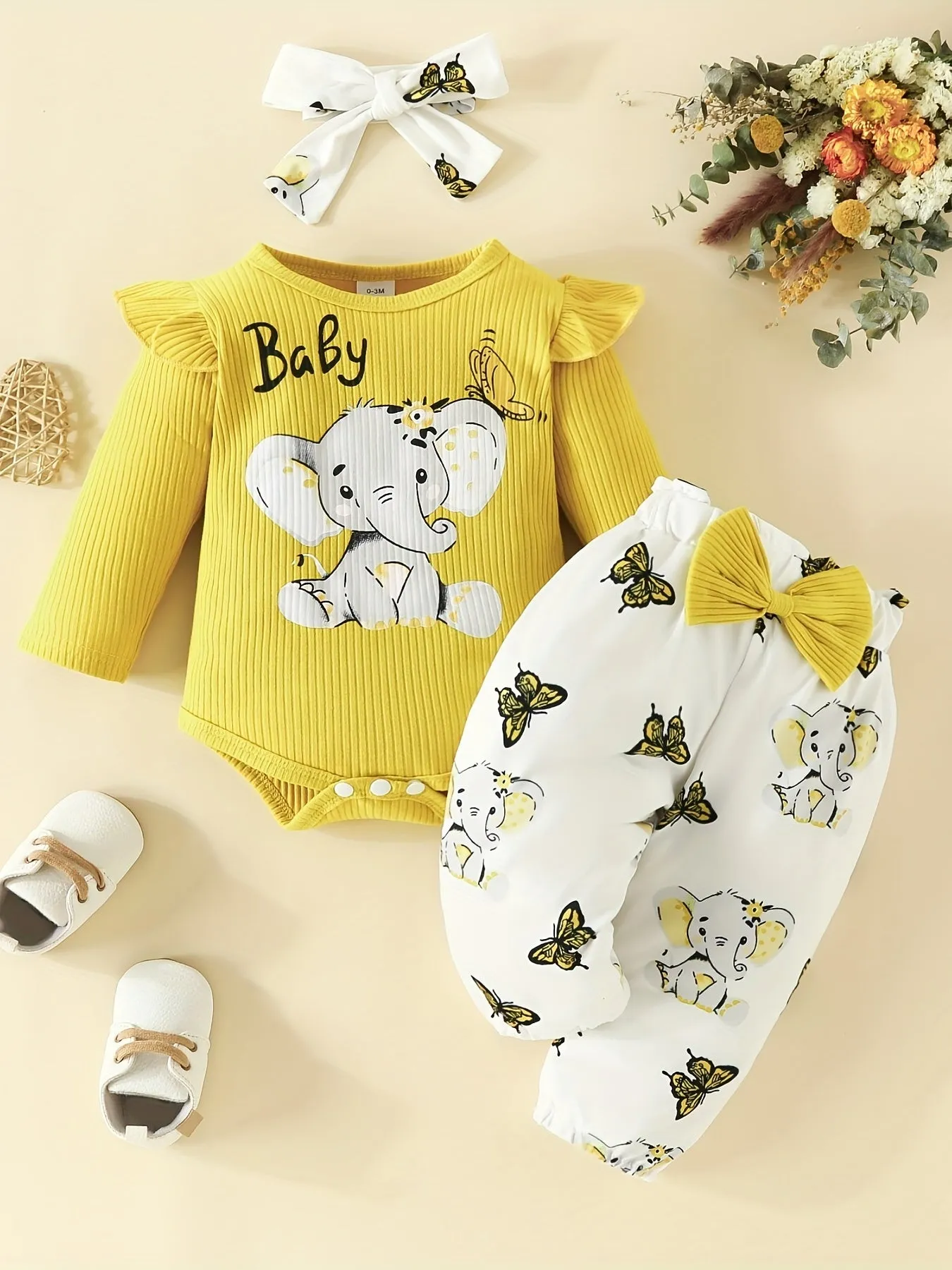 3pc Elephant Butterfly Romper Set for Baby Girls