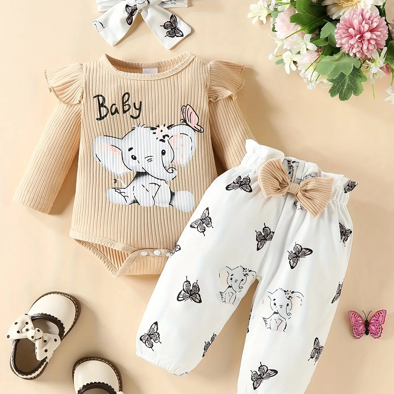 3pc Elephant Butterfly Romper Set for Baby Girls