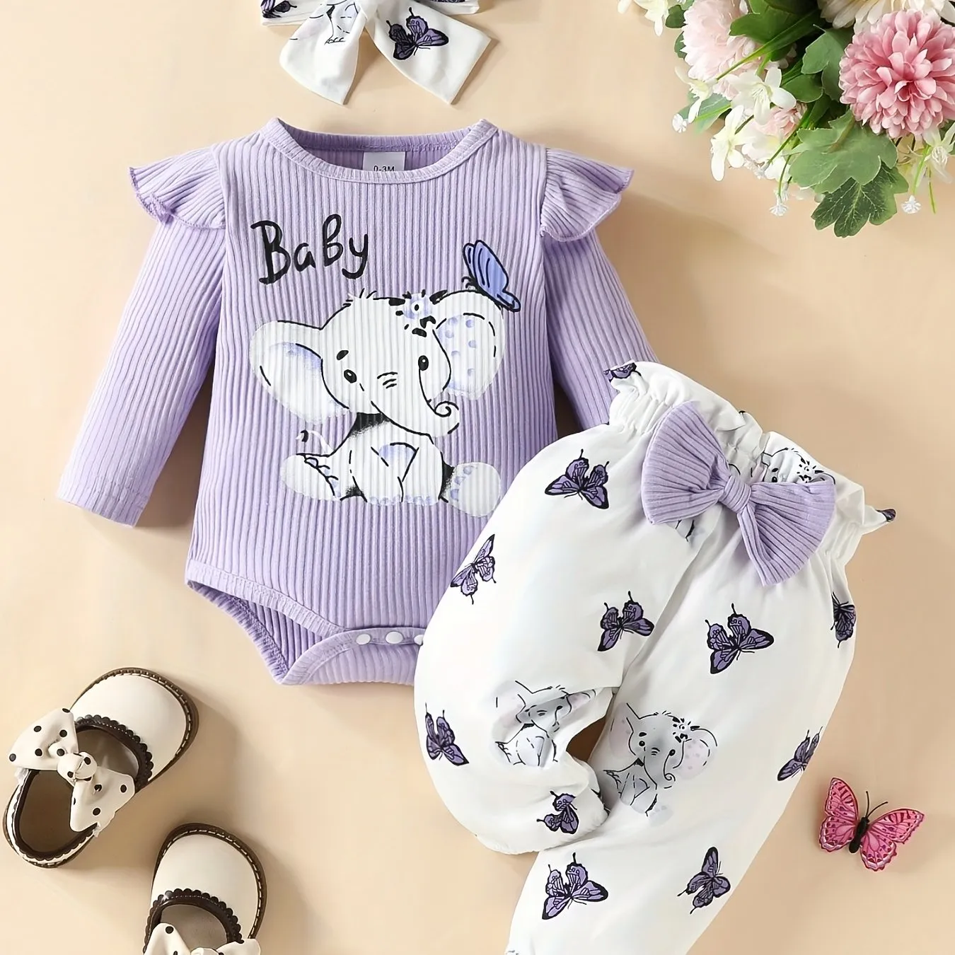 3pc Elephant Butterfly Romper Set for Baby Girls