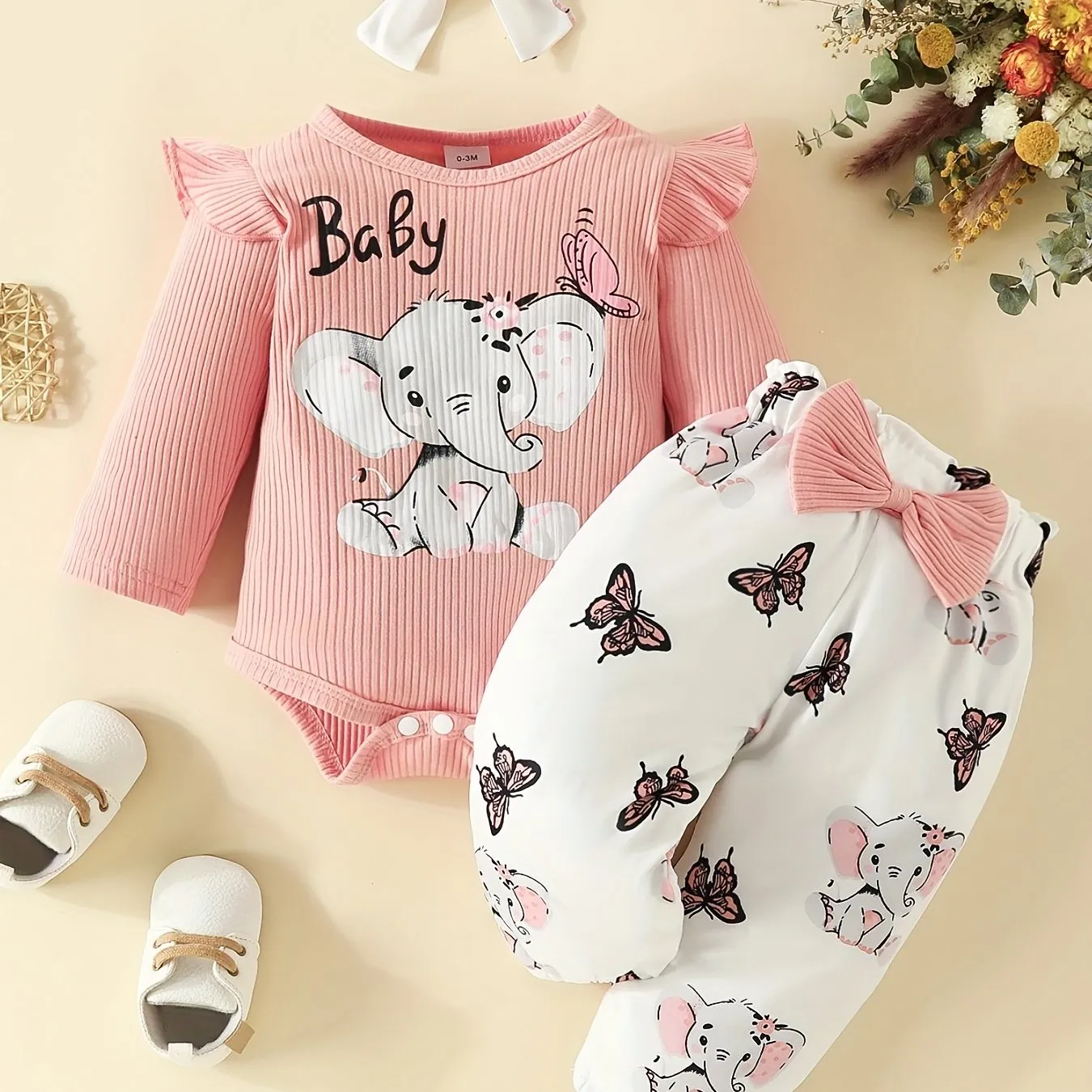 3pc Elephant Butterfly Romper Set for Baby Girls