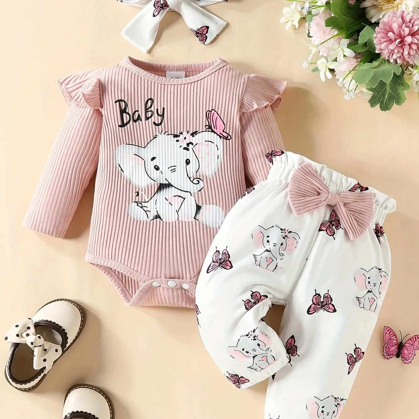 3pc Elephant Butterfly Romper Set for Baby Girls