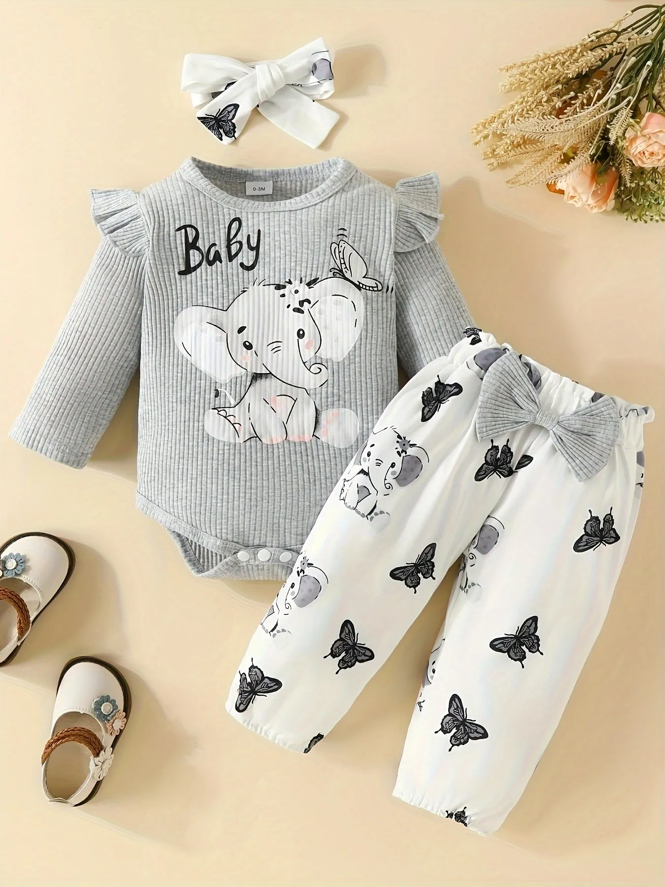 3pc Elephant Butterfly Romper Set for Baby Girls