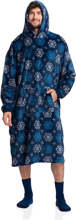 Adults' Blue Sherpa Wearable Blanket Hoodie with Snowflake Design