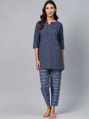 Anubhutee Women Blue Pure Cotton Printed Night suit