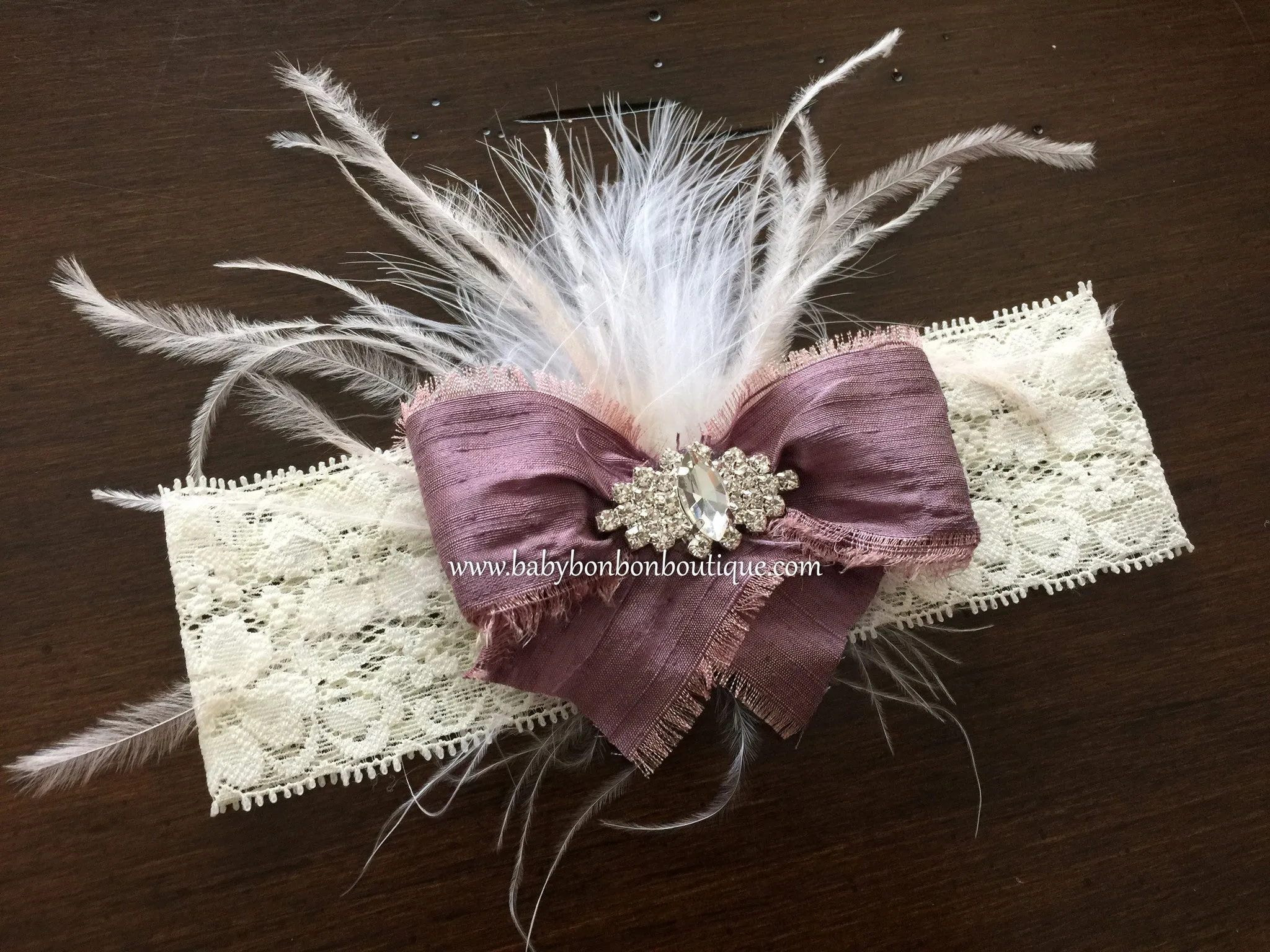 Baby Baptism Headband, Vintage Orchid Silk Baby Bow Headband