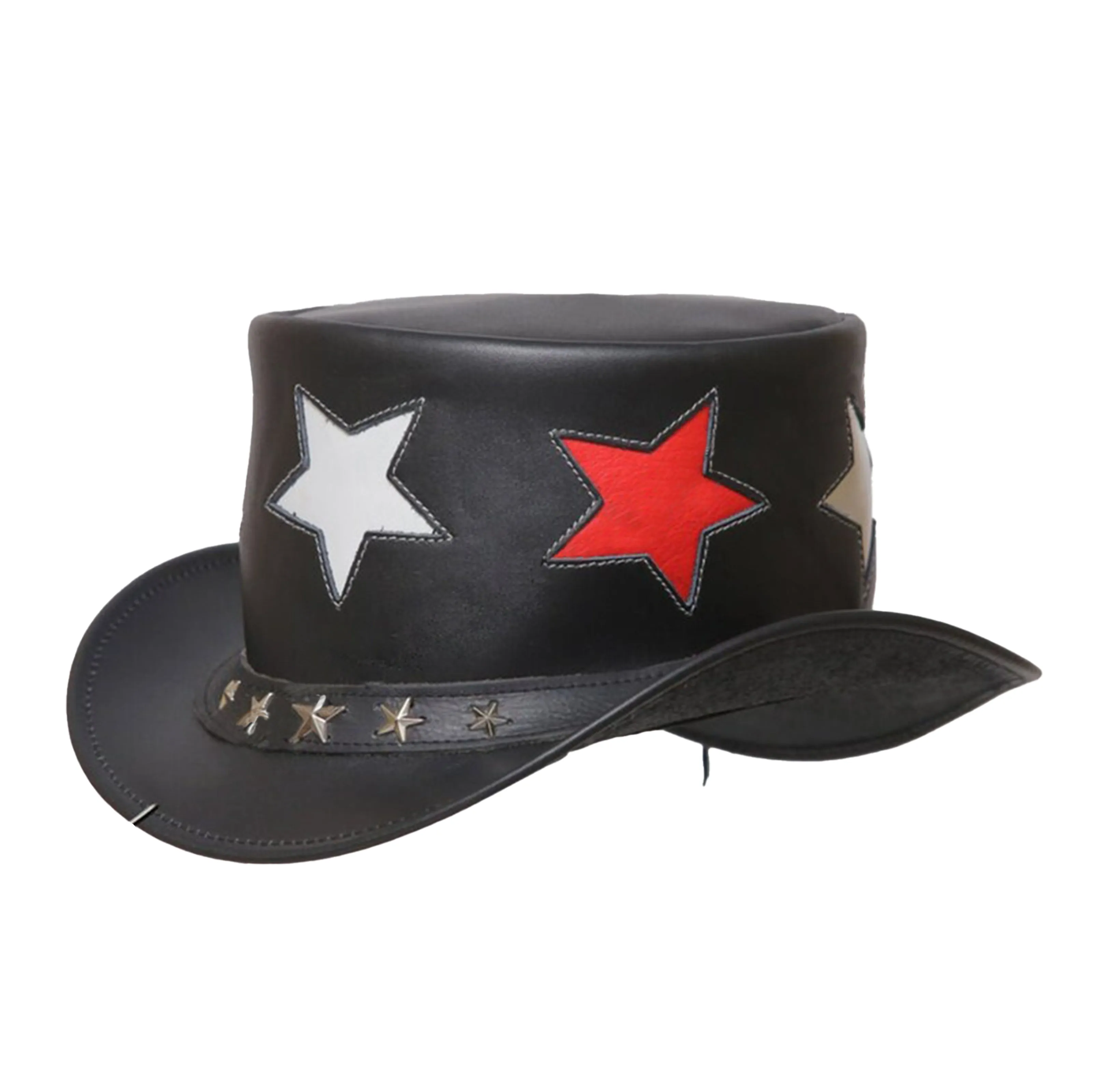 Black Leather America Steampunk Top Hat with Five Star Band Design