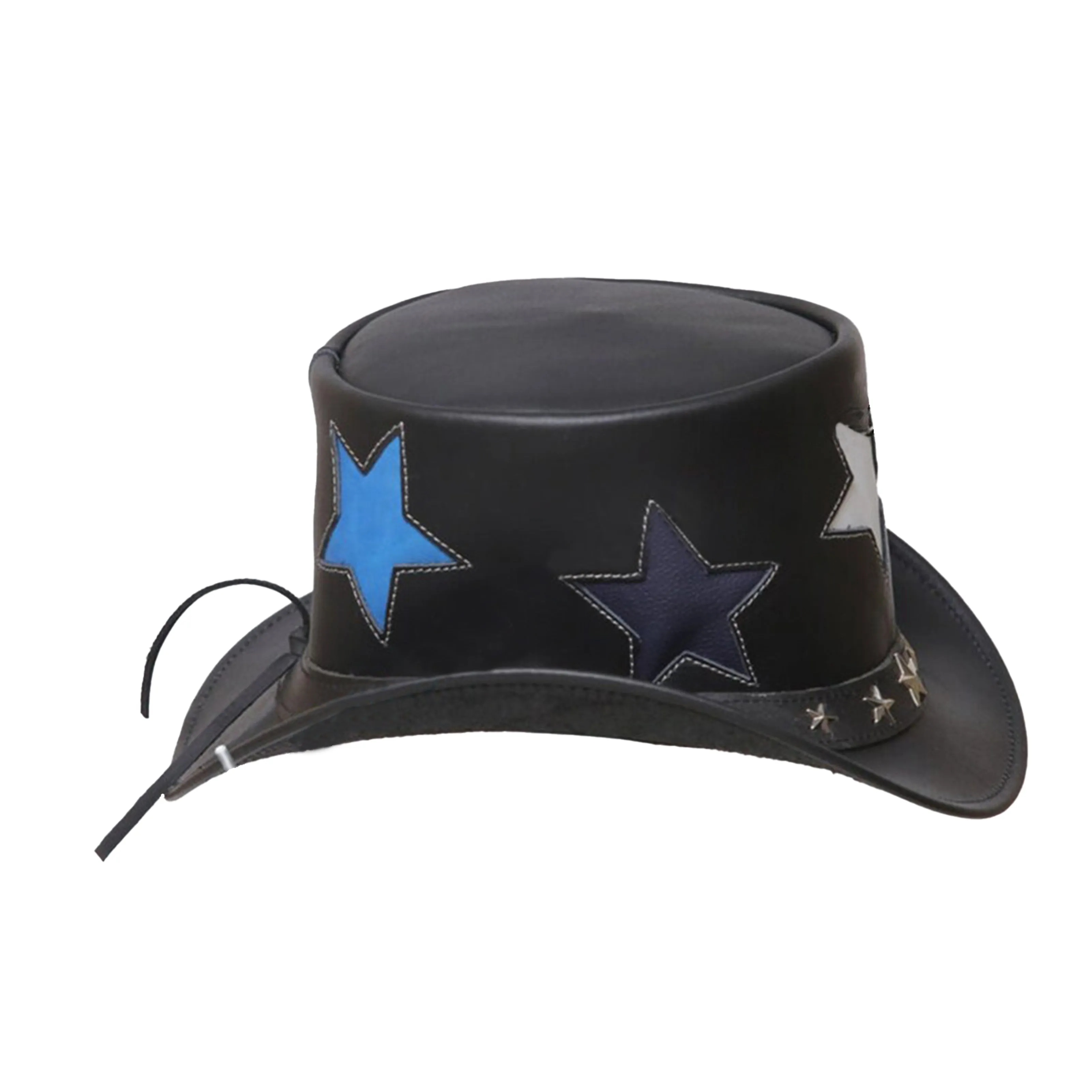 Black Leather America Steampunk Top Hat with Five Star Band Design