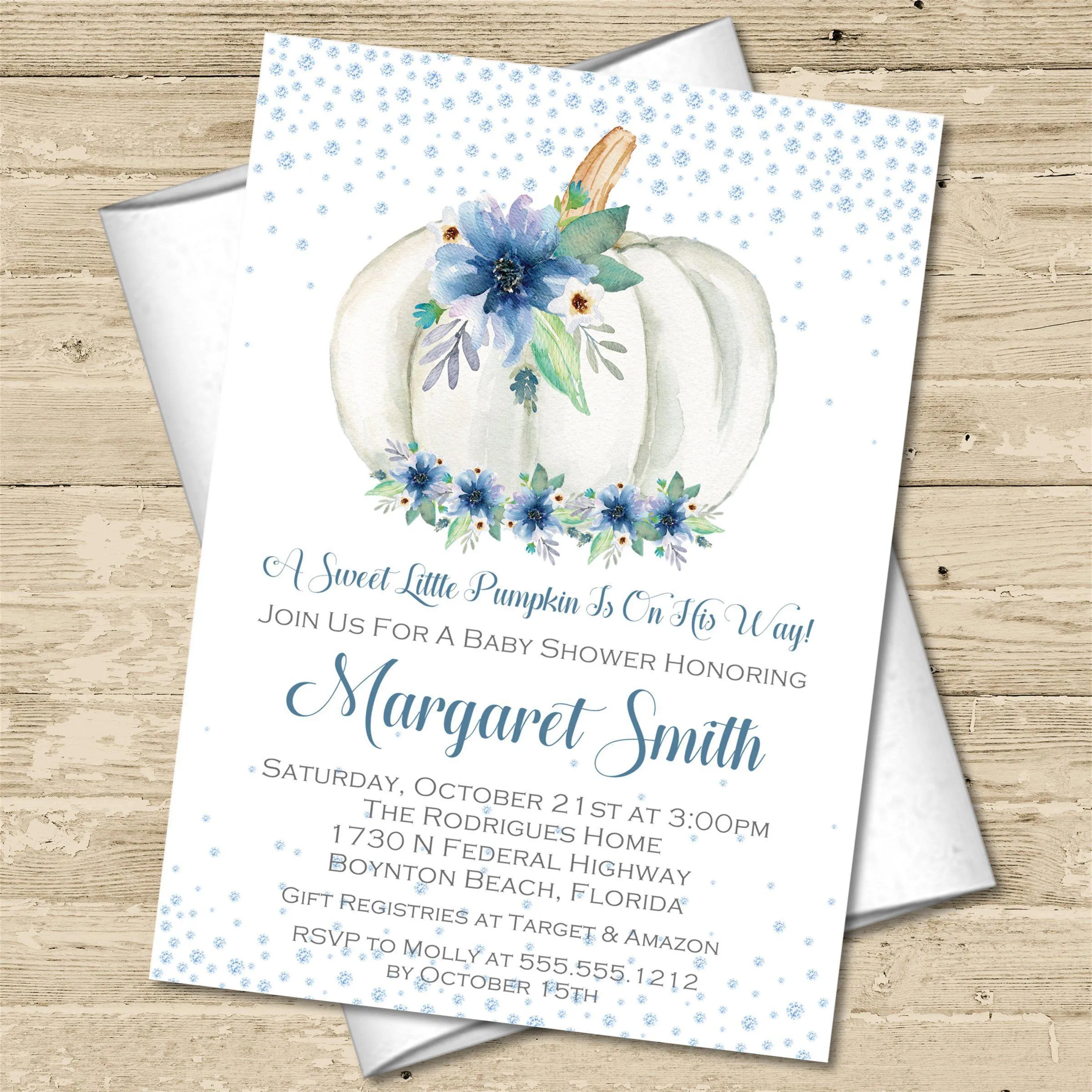 Blue Fall Pumpkin Baby Shower Invitations