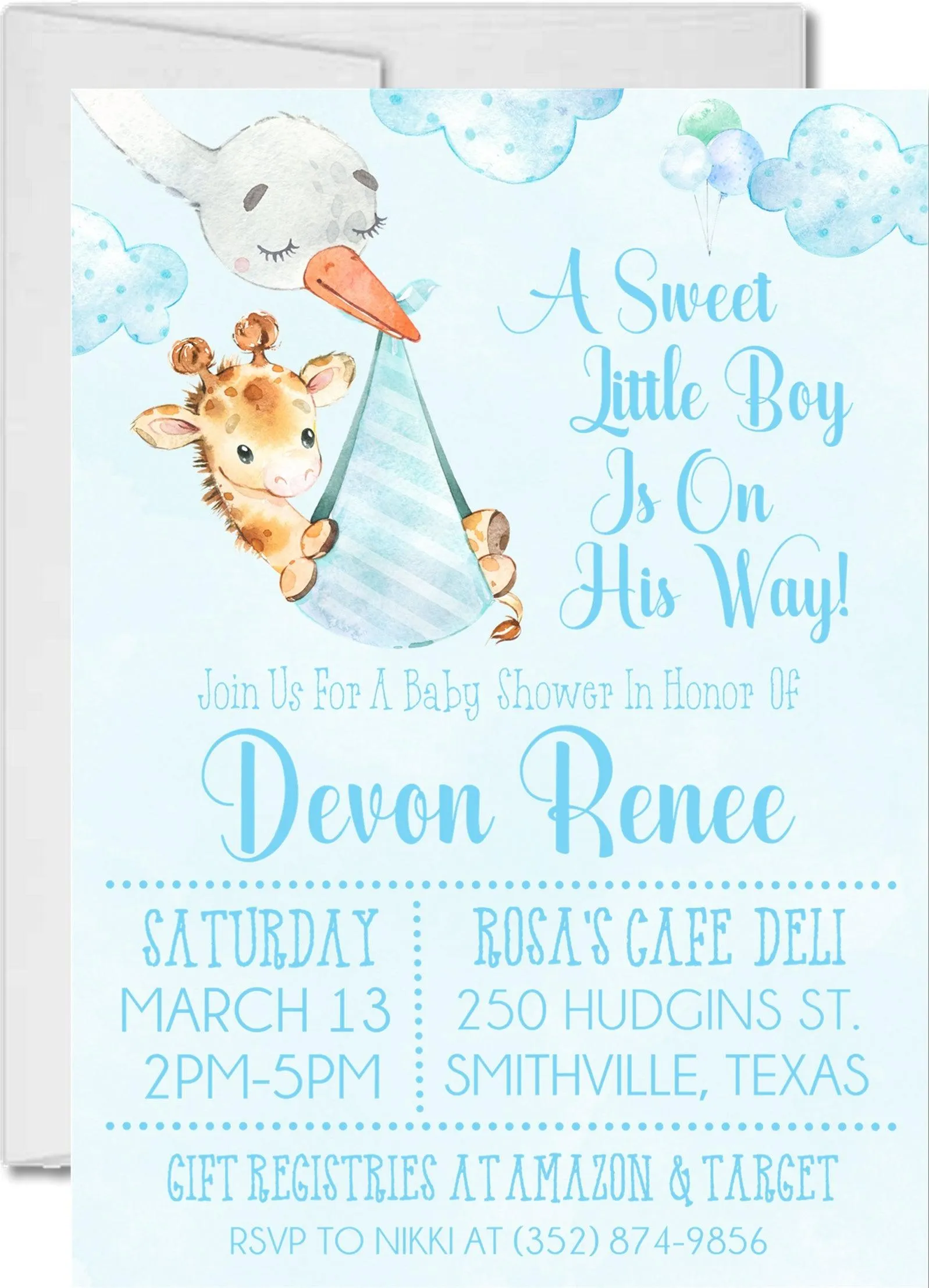 Blue Safari Giraffe Baby Shower Invitations