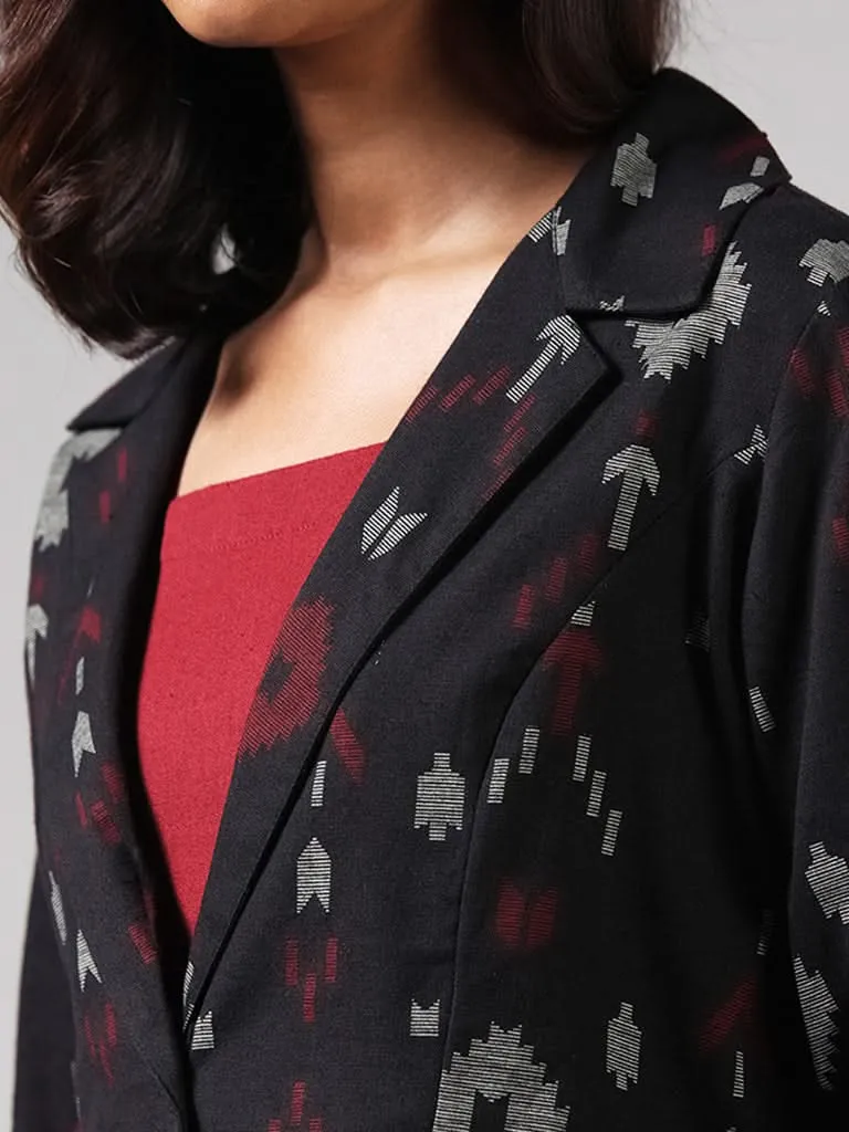 Bombay Paisley Solid Red Cotton Blend Tiered Dress and Black Ikat Printed Jacket