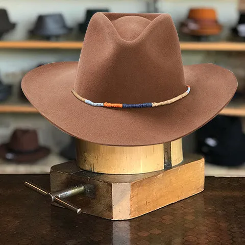 Brown Flat-Top Cowboy Hat with Woven Blue&Orange&Yellow Cord Trim