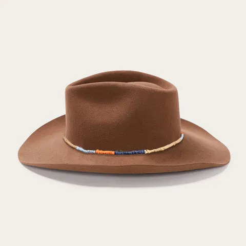 Brown Flat-Top Cowboy Hat with Woven Blue&Orange&Yellow Cord Trim