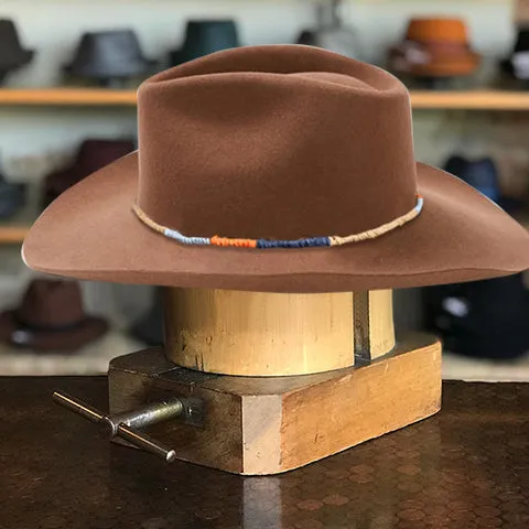 Brown Flat-Top Cowboy Hat with Woven Blue&Orange&Yellow Cord Trim