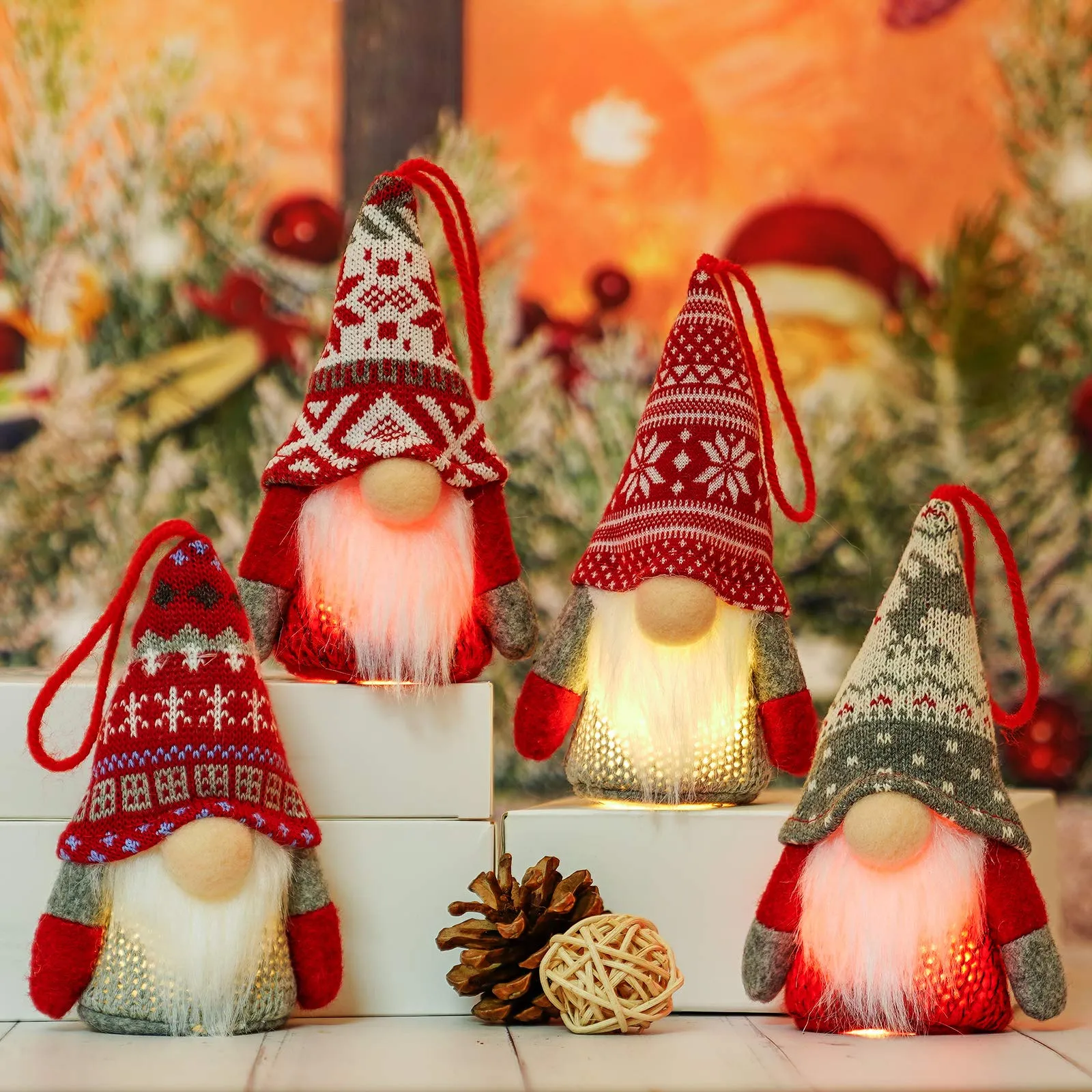 Christmas Gnome Hanging Ornaments with Lights.