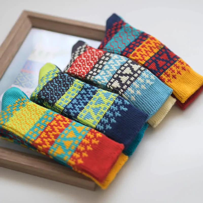 Colorful Ethnic Patterns Striped Cotton Crew Socks