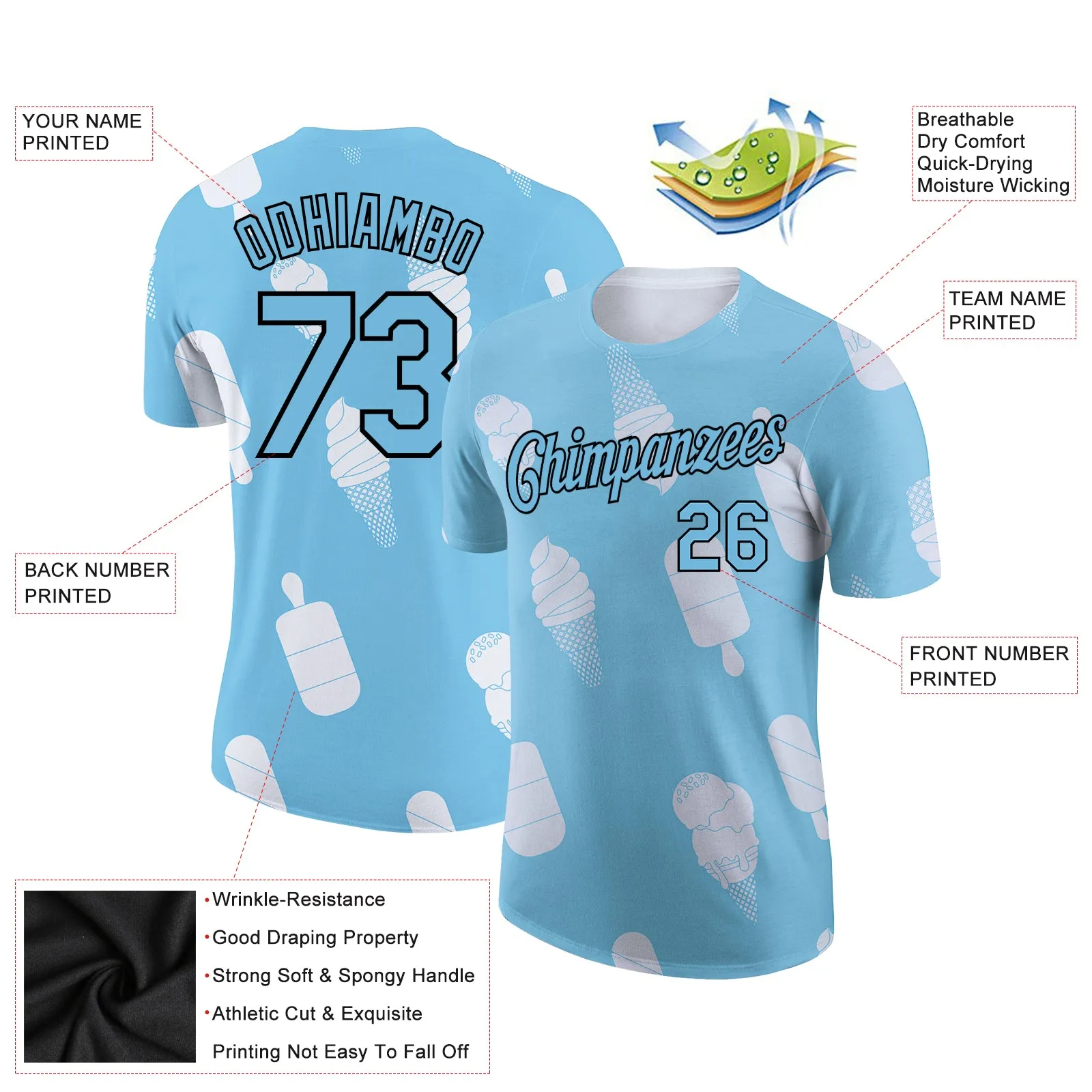 Custom Sky Blue Black-White 3D Pattern Design Summer Holiday Ice Cream Performance T-Shirt