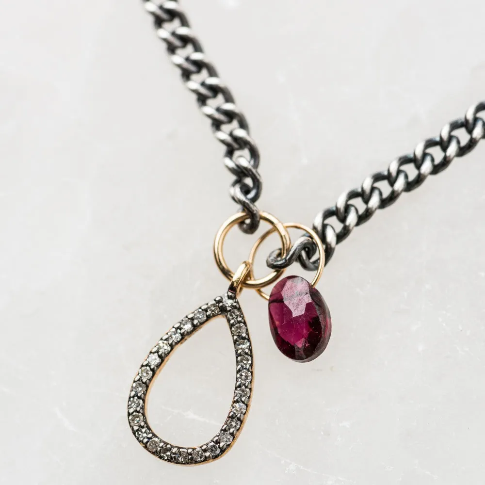 Diamond Teardrop with Red Garnet on Curb Chain