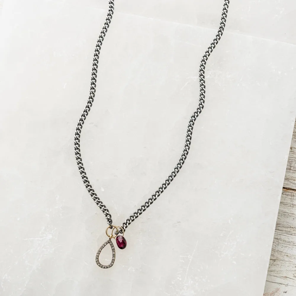 Diamond Teardrop with Red Garnet on Curb Chain