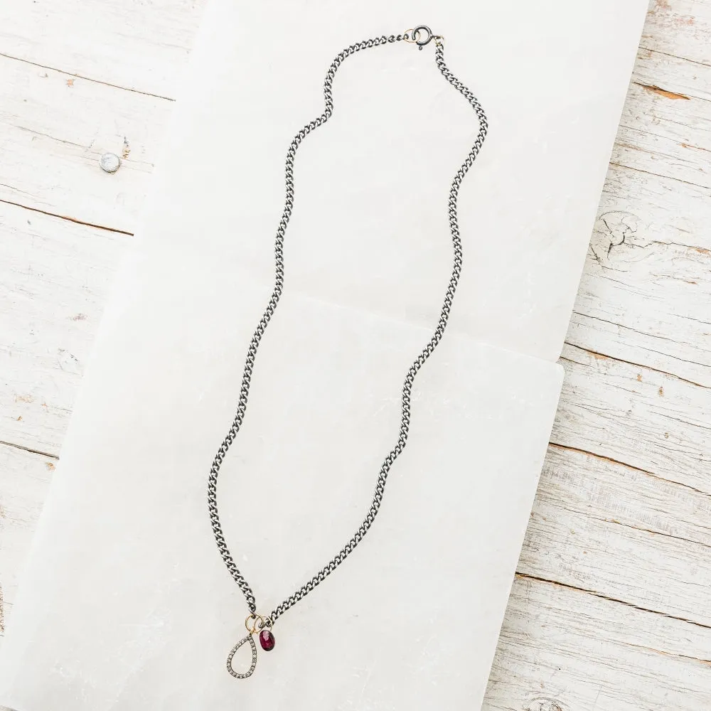 Diamond Teardrop with Red Garnet on Curb Chain