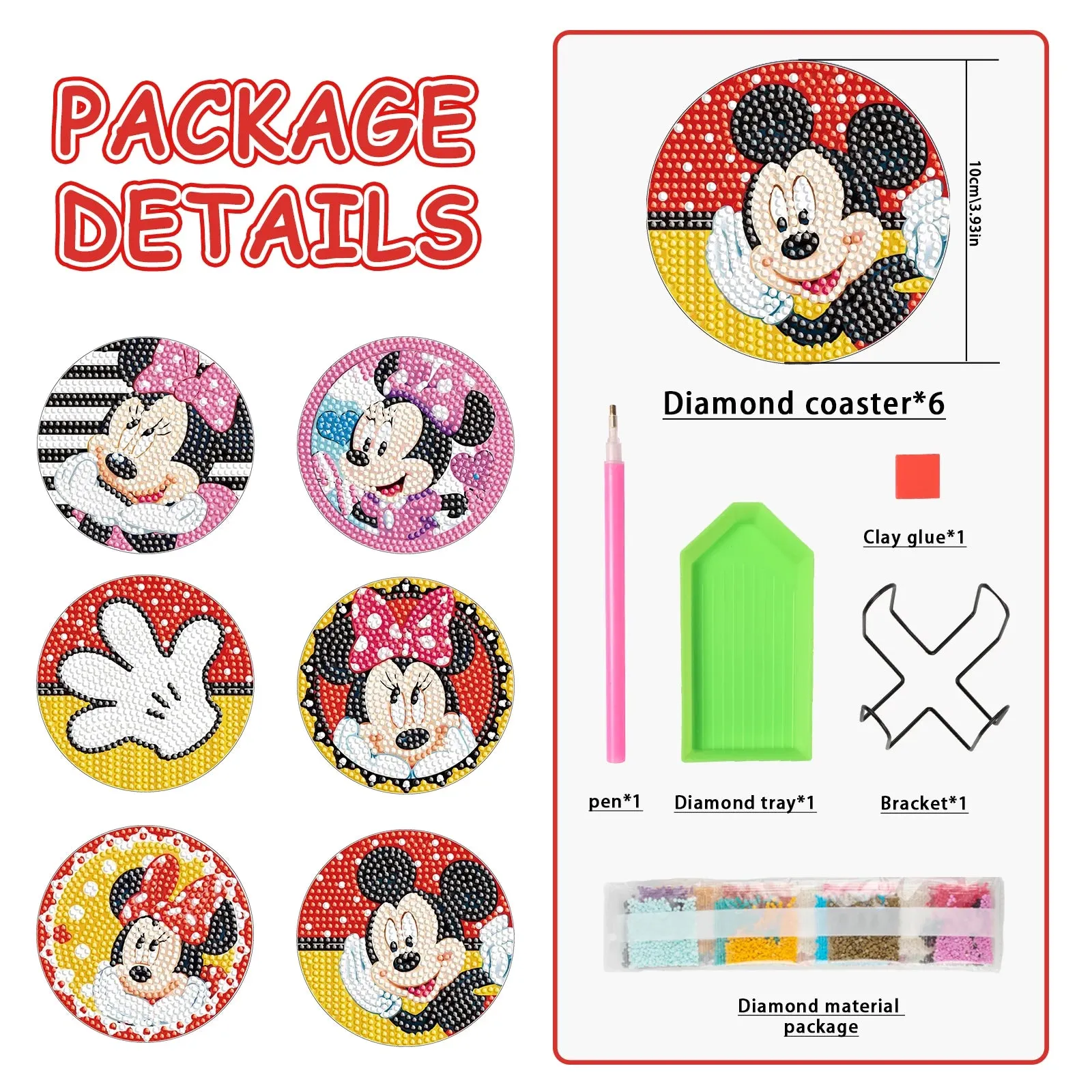 DIY Cartoon Diamond Art Coasters, 6 Piece Set With Holder, Round Diamonds