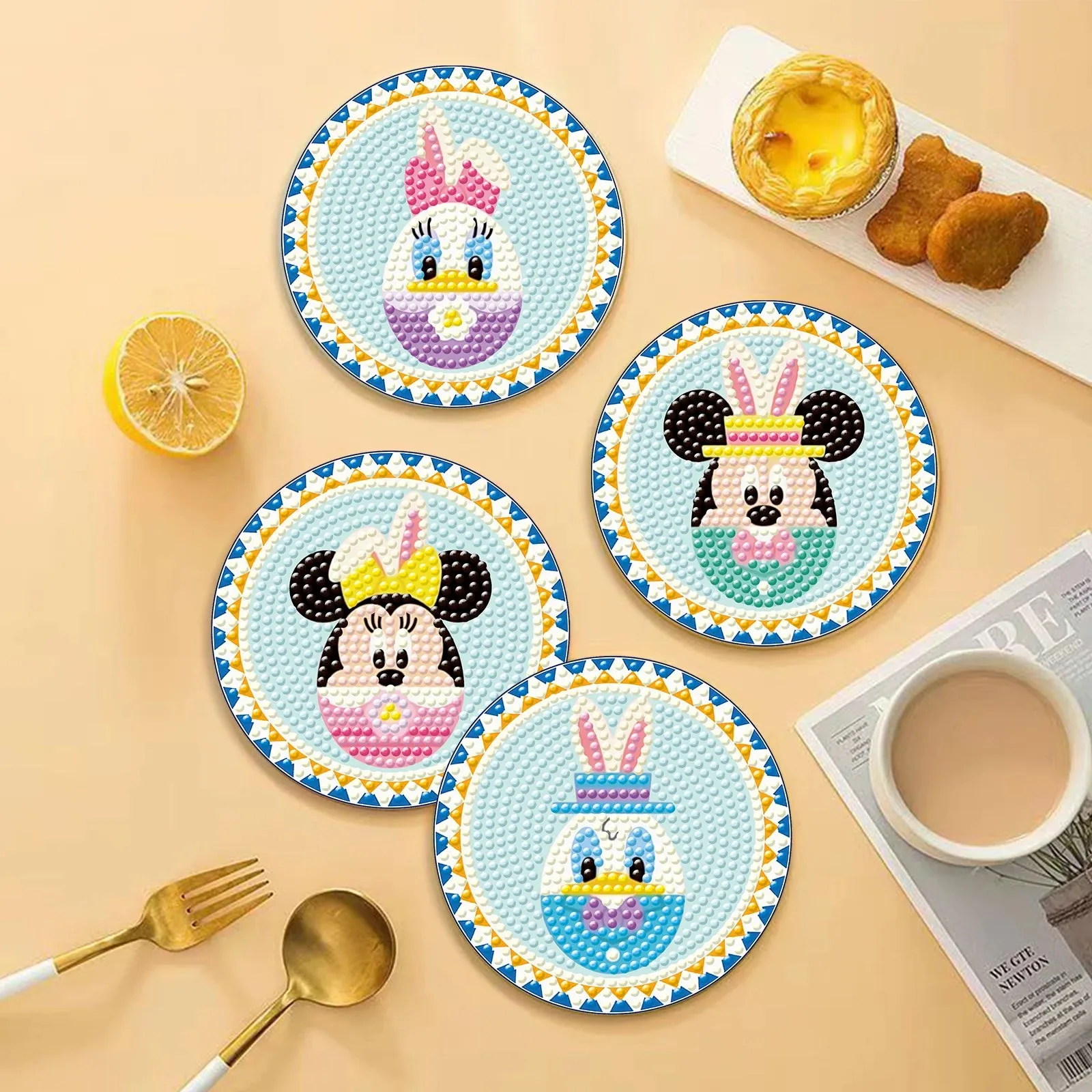 DIY Cartoon Diamond Art Coasters, 6 Piece Set With Holder, Round Diamonds