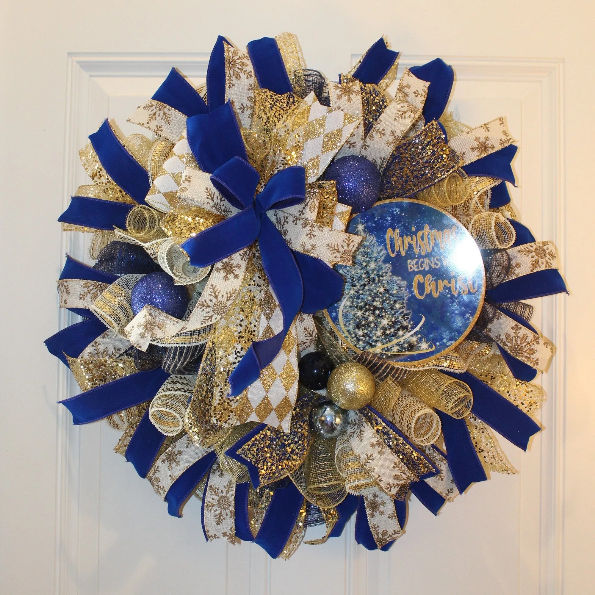 Elegant Blue and Gold Wreath Christmas Wreath