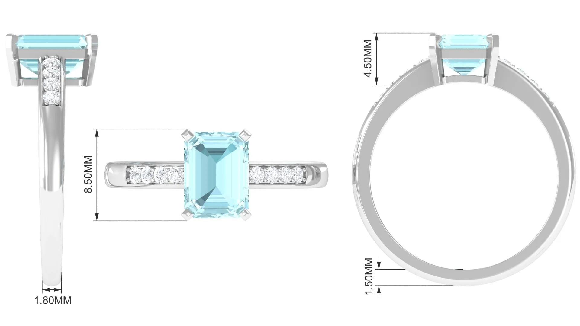 Emerald Cut Shape Sky Blue Topaz Solitaire Engagement Ring with Diamond Side Stones