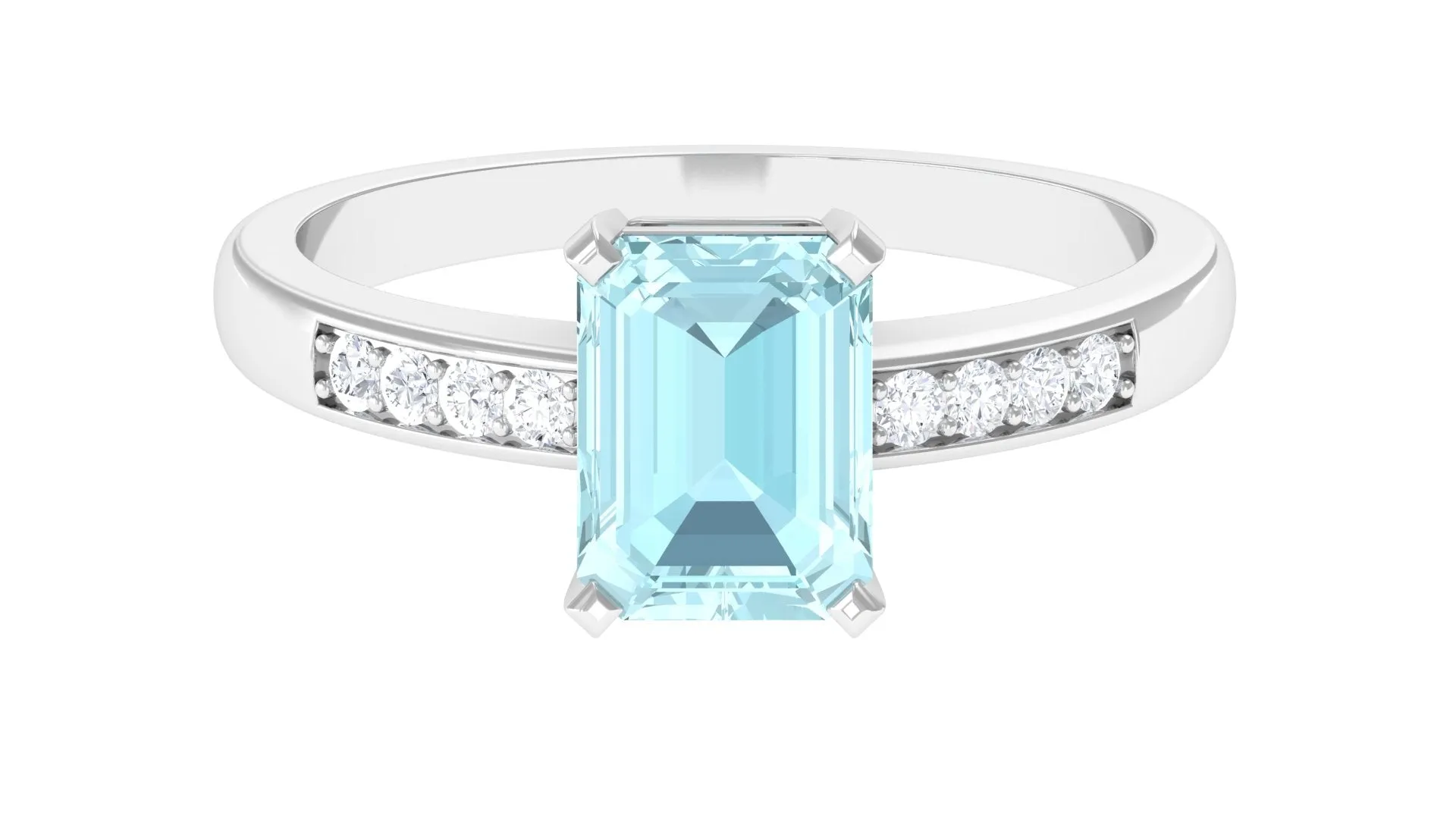 Emerald Cut Shape Sky Blue Topaz Solitaire Engagement Ring with Diamond Side Stones