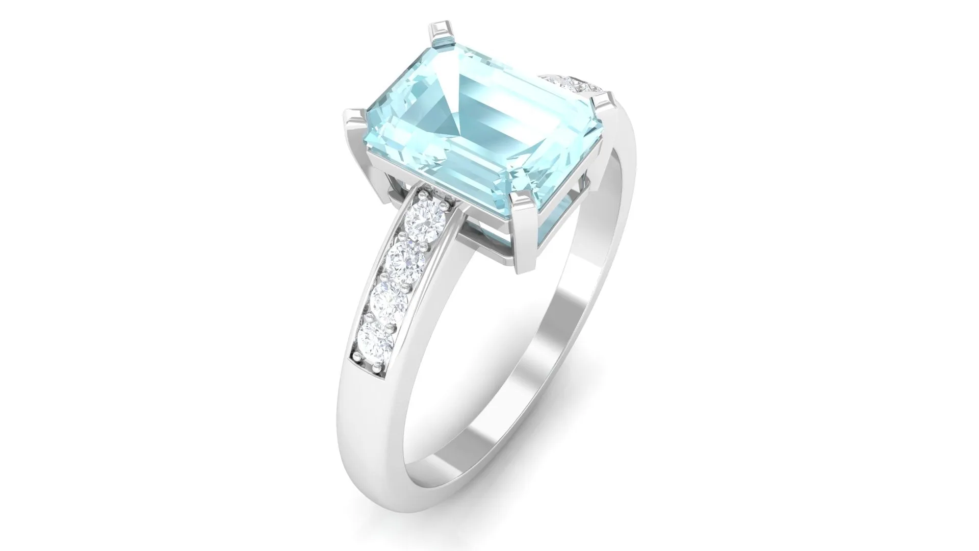 Emerald Cut Shape Sky Blue Topaz Solitaire Engagement Ring with Diamond Side Stones