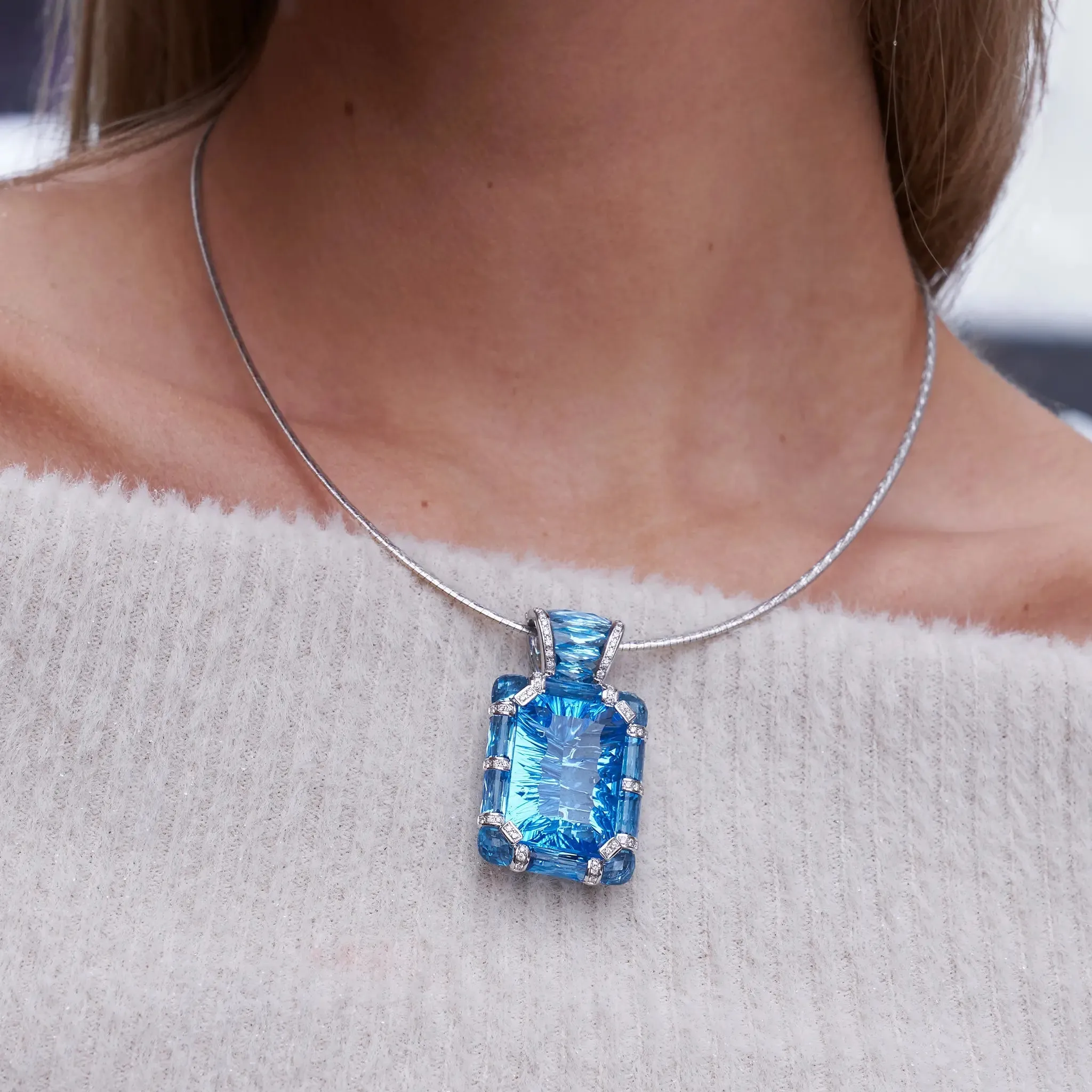 Fancy Cut Blue Topaz, Blue Topaz and Diamond Accented Pendant