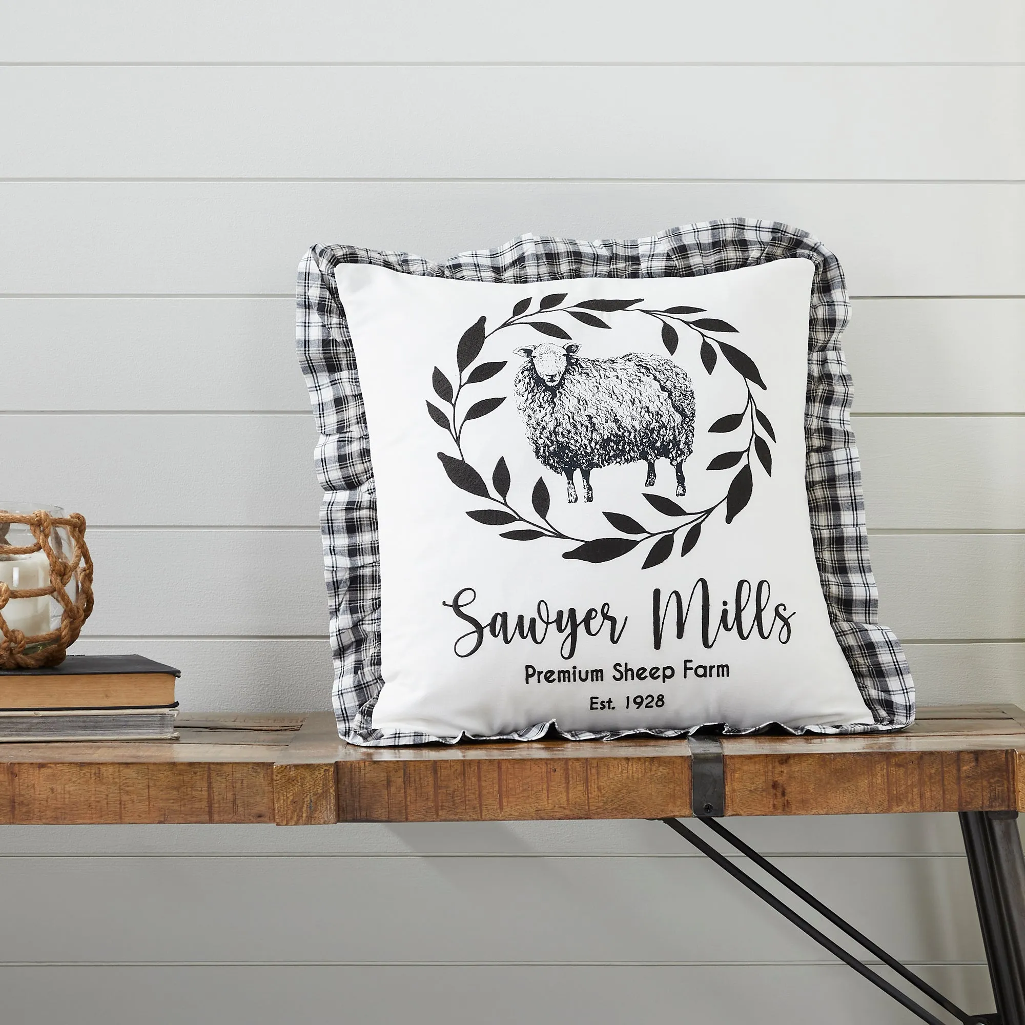 Farmhouse Throw Pillow Cover 18x18 Sheep Sawyer Mill Black White VHC Brands