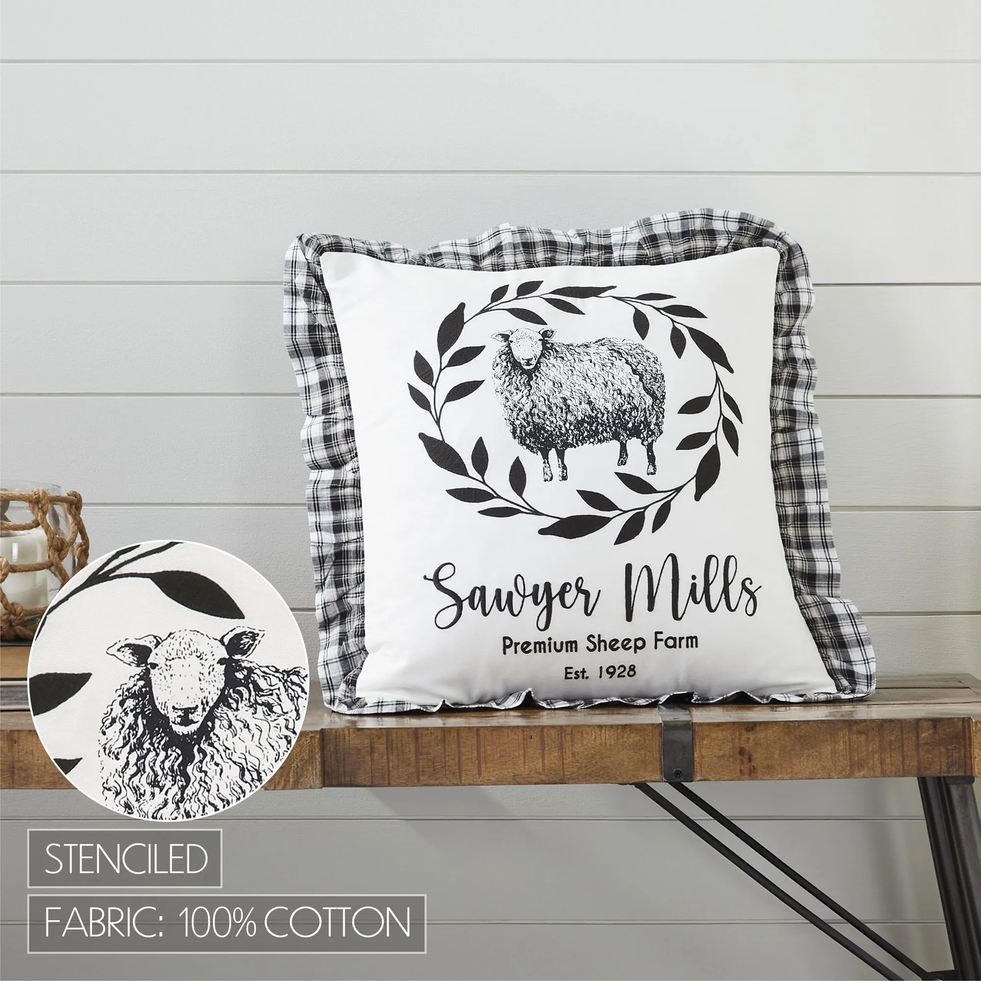 Farmhouse Throw Pillow Cover 18x18 Sheep Sawyer Mill Black White VHC Brands