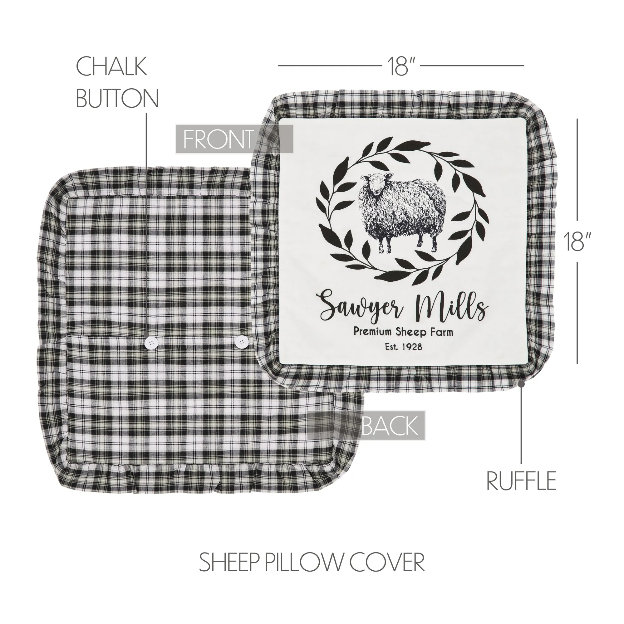 Farmhouse Throw Pillow Cover 18x18 Sheep Sawyer Mill Black White VHC Brands