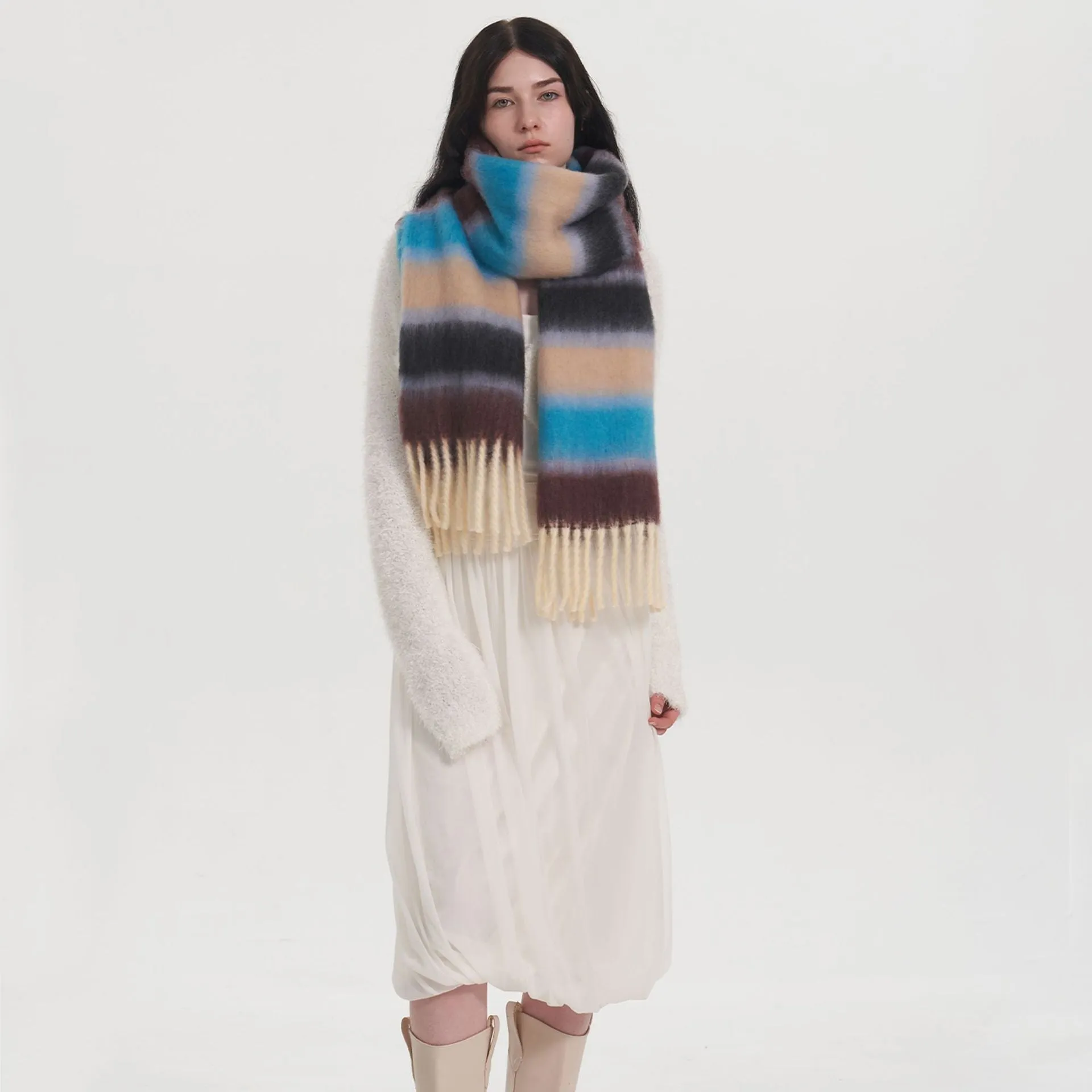 Fashionable Thick Soft Striped Mohair Cashmere Plaid Scarf