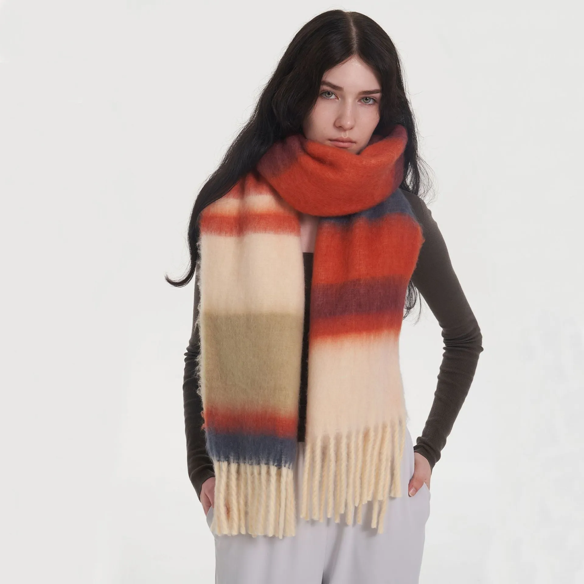 Fashionable Thick Soft Striped Mohair Cashmere Plaid Scarf