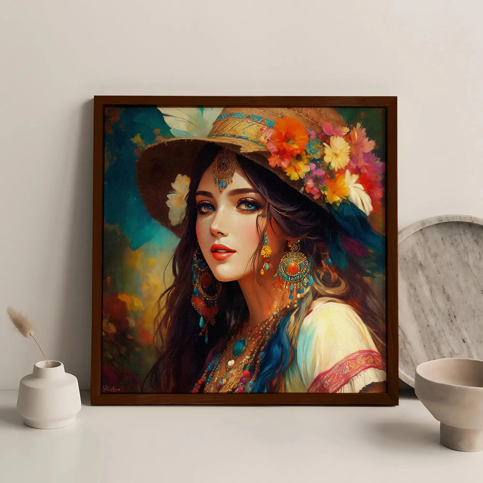 Floral Hat Girl Artwork Framed