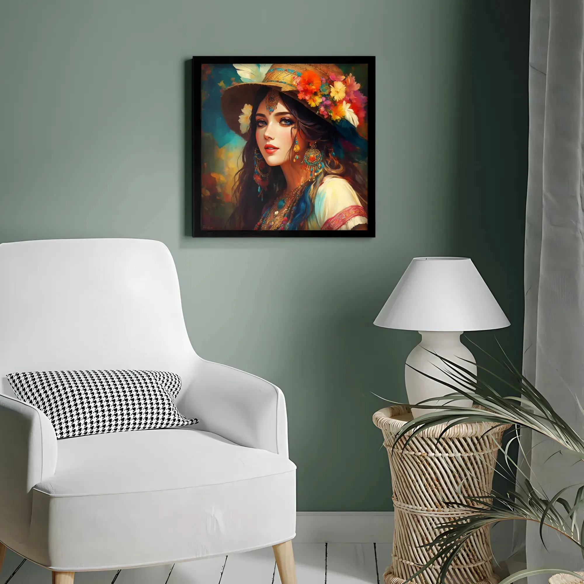 Floral Hat Girl Artwork Framed