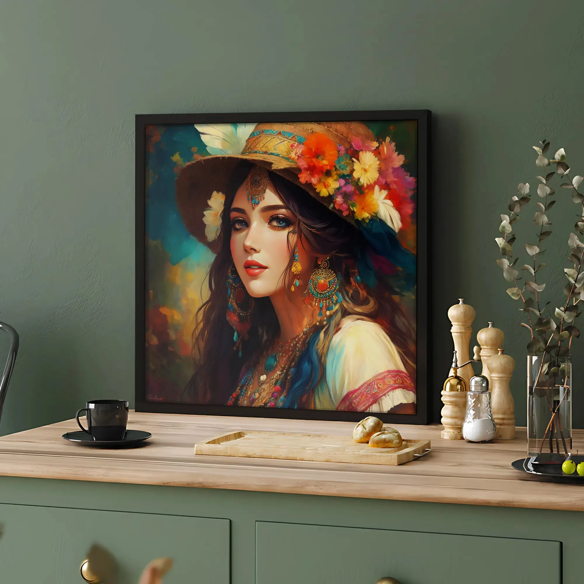 Floral Hat Girl Artwork Framed