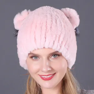 Fur hat knitting women's winter thickening warm ear protection bag head cat ear hat pink