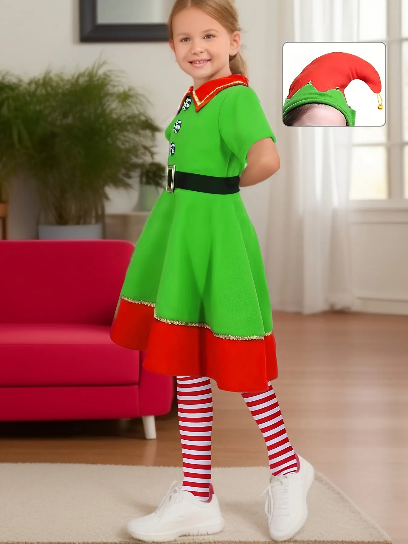 Girls Adorable Elf Dress For Christmas Gift Party Carnival Performance ( Include Hats, Belts, Clothes, And Socks)