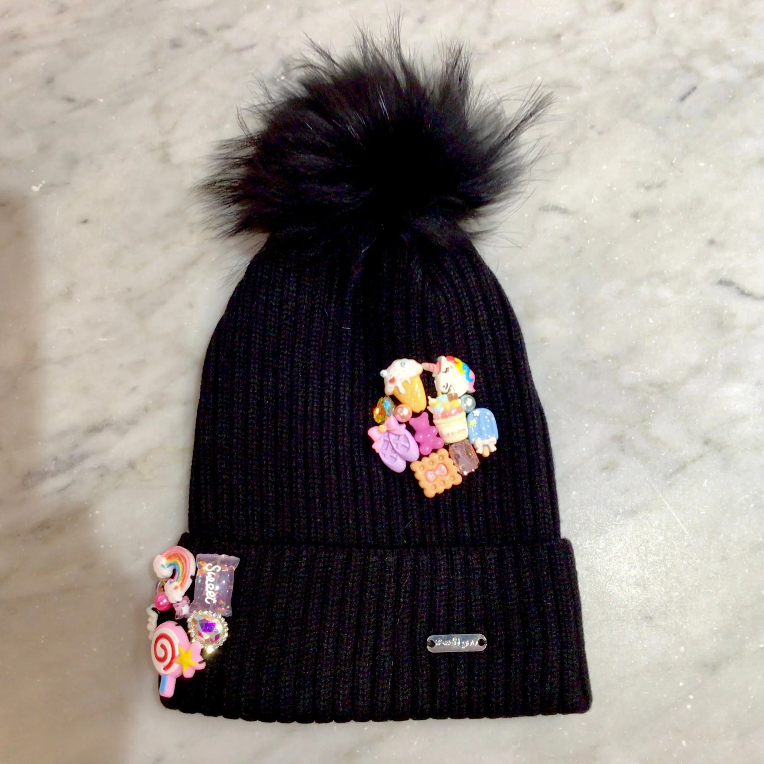 Girls Hats | Beanie: Charm Cluster Hat with fur- Black | Bari Lynn Accessories