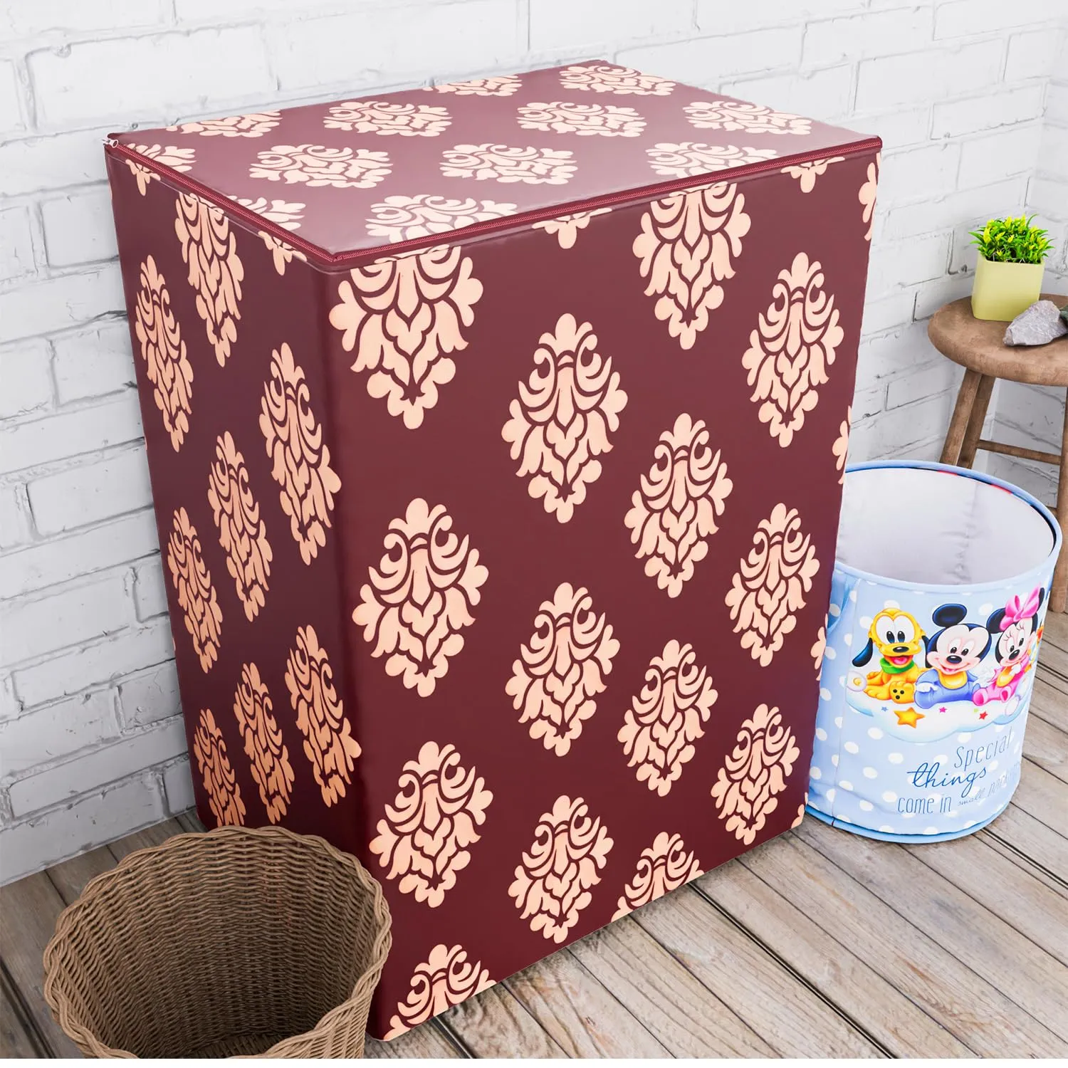 Heart Home Washing Machine Cover | Square Design Washing Machine Cover | Knitting Polyester | Top Load Semi-Automatic Washing Machine Cover | Maroon