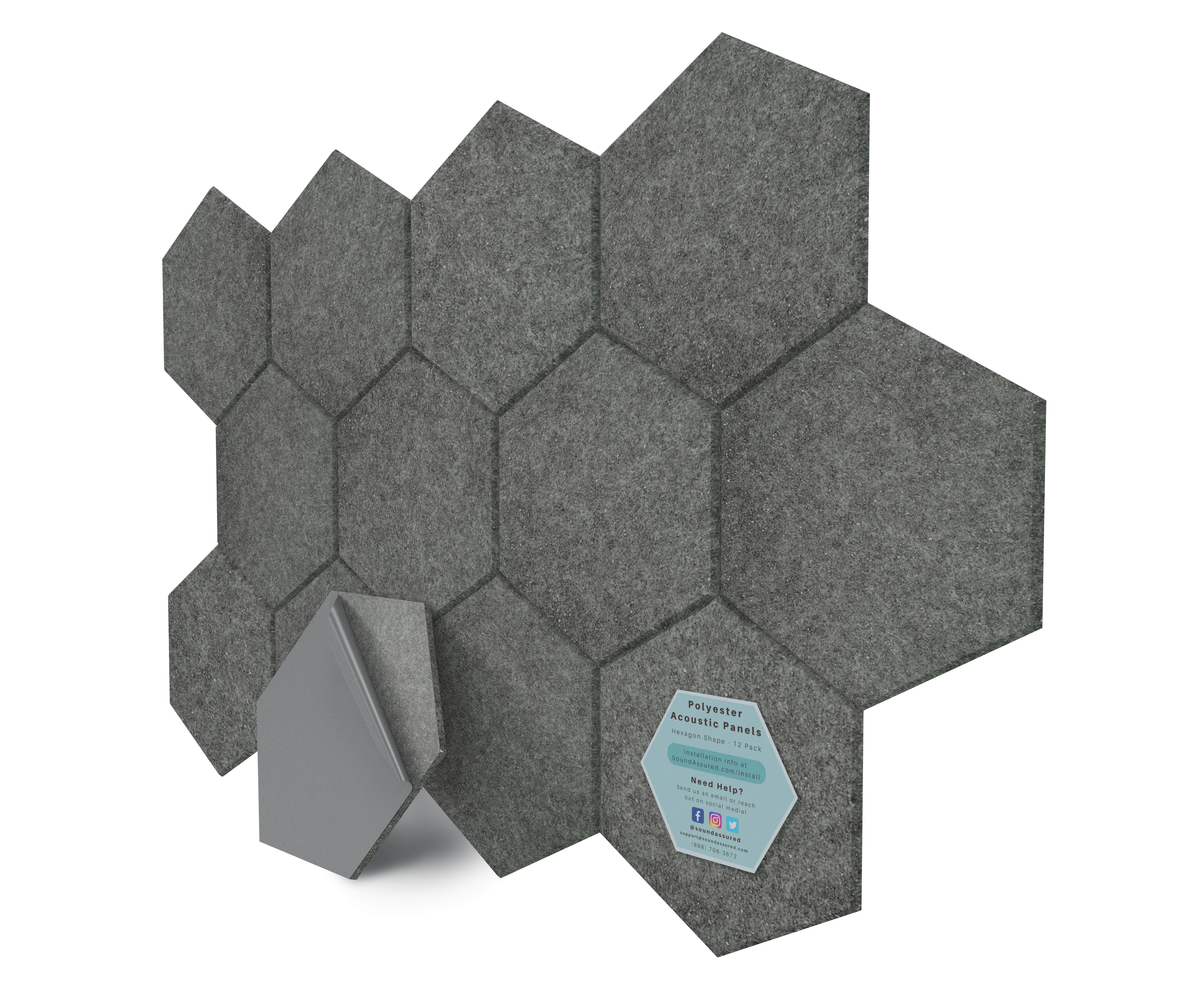 Hexagon Polyester Acoustic Panels - 12 Pack | Eco-Friendly Sound Absorption | Easy Peel & Stick Installation