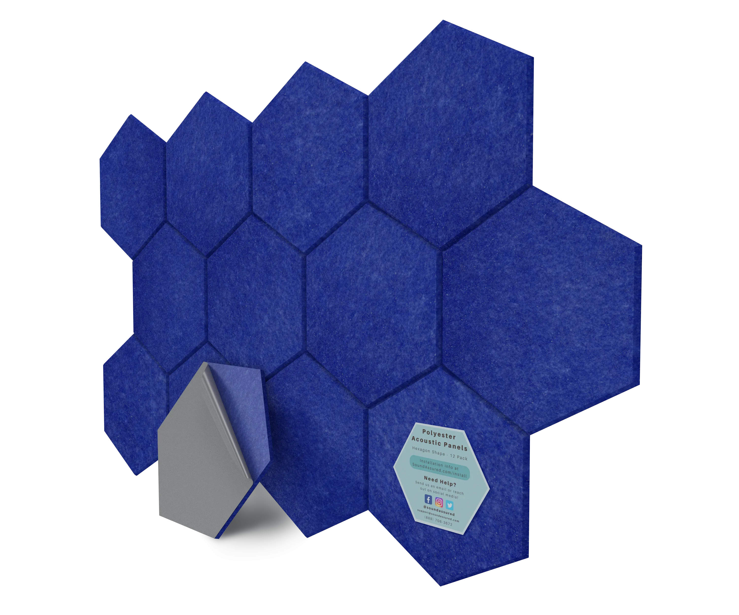 Hexagon Polyester Acoustic Panels - 12 Pack | Eco-Friendly Sound Absorption | Easy Peel & Stick Installation